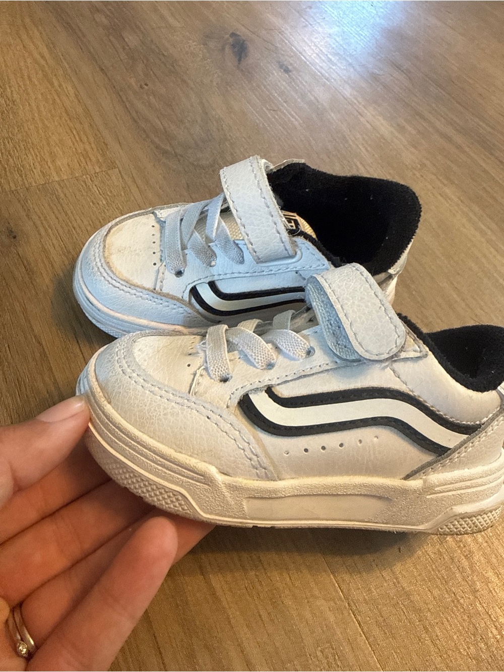 Vans Kids White Sneakers with Black Stripe Velcro